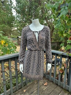 Copa Printed Mini Dress Small Boho Long Sleeve Deep V (G-1783)